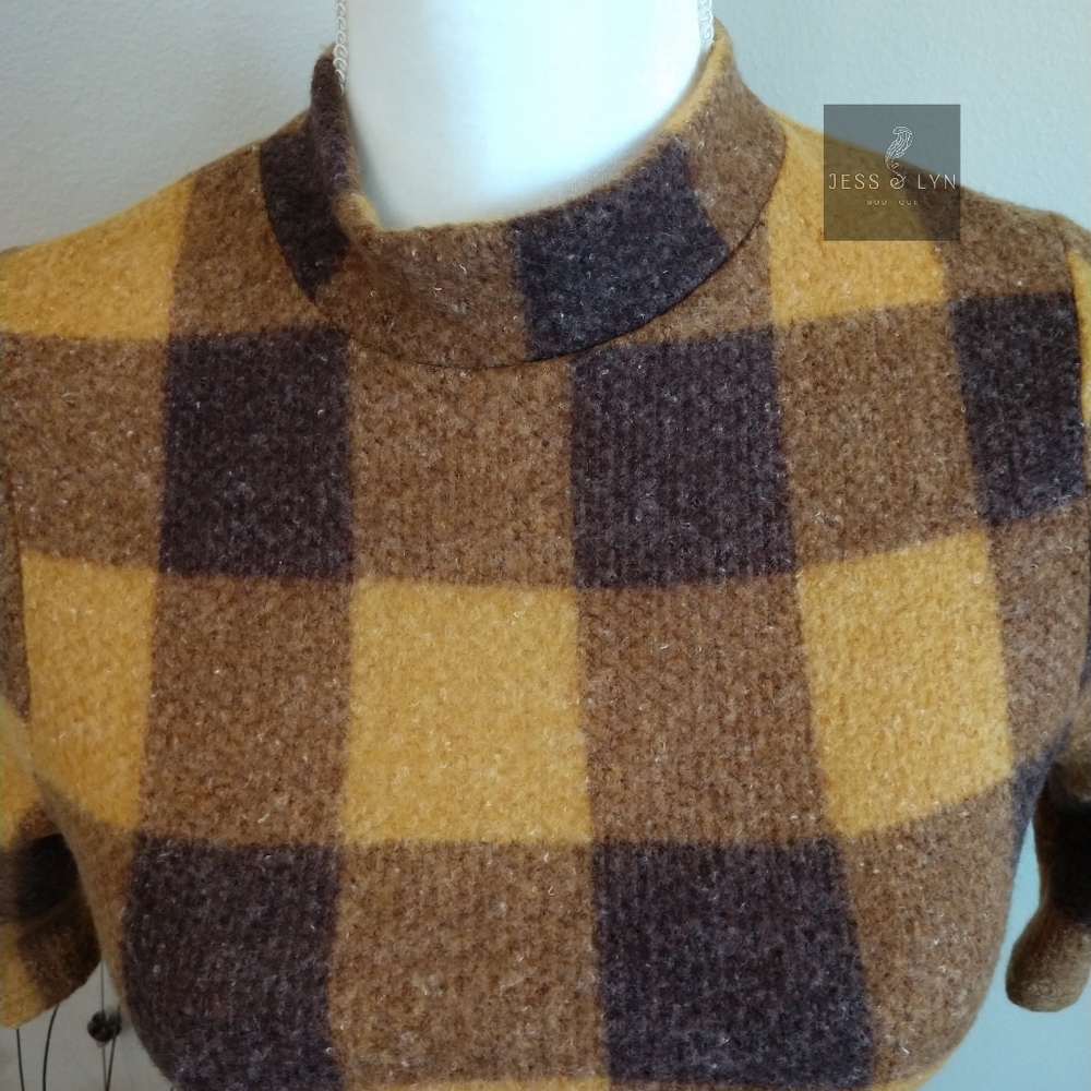 🆕 JAYME-Mustard/Brown Checkered Hi Neck Dress - Picture 6 of 8